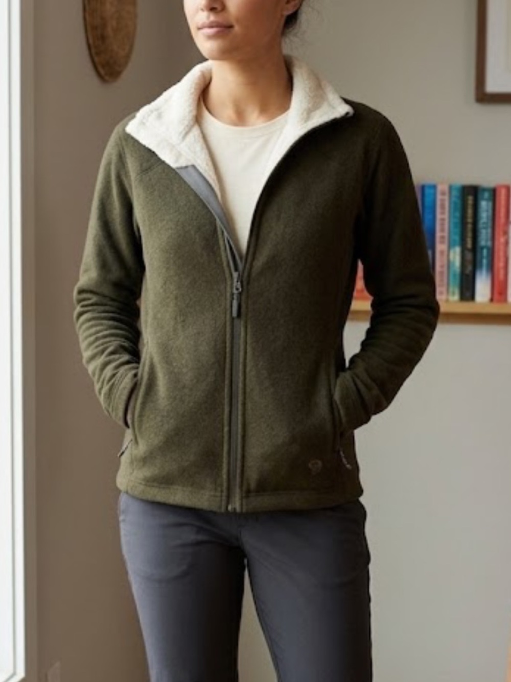 Mountain hardwear army green wool blend light weight full zip front jacket